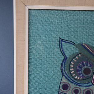 LARGE Kitsch Embroidery Turquoise Tweed Collage Panel Showing a Large Stylized Owl. In original 60s frame