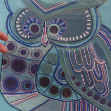 Load image into Gallery viewer, LARGE Kitsch Embroidery Turquoise Tweed Collage Panel Showing a Large Stylized Owl. In original 60s frame
