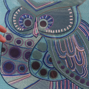 LARGE Kitsch Embroidery Turquoise Tweed Collage Panel Showing a Large Stylized Owl. In original 60s frame