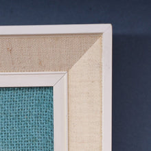 Load image into Gallery viewer, LARGE Kitsch Embroidery Turquoise Tweed Collage Panel Showing a Large Stylized Owl. In original 60s frame
