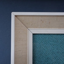 Load image into Gallery viewer, LARGE Kitsch Embroidery Turquoise Tweed Collage Panel Showing a Large Stylized Owl. In original 60s frame
