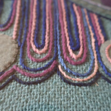Load image into Gallery viewer, LARGE Kitsch Embroidery Turquoise Tweed Collage Panel Showing a Large Stylized Owl. In original 60s frame

