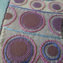 Load image into Gallery viewer, LARGE Kitsch Embroidery Turquoise Tweed Collage Panel Showing a Large Stylized Owl. In original 60s frame
