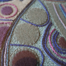 Load image into Gallery viewer, LARGE Kitsch Embroidery Turquoise Tweed Collage Panel Showing a Large Stylized Owl. In original 60s frame
