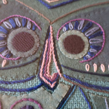 Load image into Gallery viewer, LARGE Kitsch Embroidery Turquoise Tweed Collage Panel Showing a Large Stylized Owl. In original 60s frame
