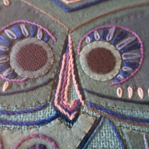 LARGE Kitsch Embroidery Turquoise Tweed Collage Panel Showing a Large Stylized Owl. In original 60s frame