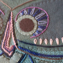 Load image into Gallery viewer, LARGE Kitsch Embroidery Turquoise Tweed Collage Panel Showing a Large Stylized Owl. In original 60s frame
