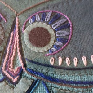 LARGE Kitsch Embroidery Turquoise Tweed Collage Panel Showing a Large Stylized Owl. In original 60s frame