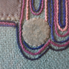 Load image into Gallery viewer, LARGE Kitsch Embroidery Turquoise Tweed Collage Panel Showing a Large Stylized Owl. In original 60s frame

