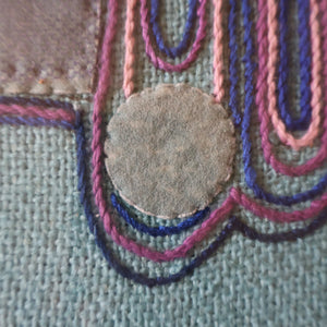 LARGE Kitsch Embroidery Turquoise Tweed Collage Panel Showing a Large Stylized Owl. In original 60s frame