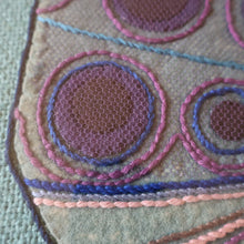 Load image into Gallery viewer, LARGE Kitsch Embroidery Turquoise Tweed Collage Panel Showing a Large Stylized Owl. In original 60s frame
