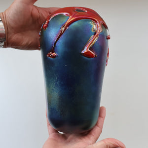 JOHN DITCHFIELD GLASFORM Large Black Lustre Vase with Dripping Red Lava Glass Decorations