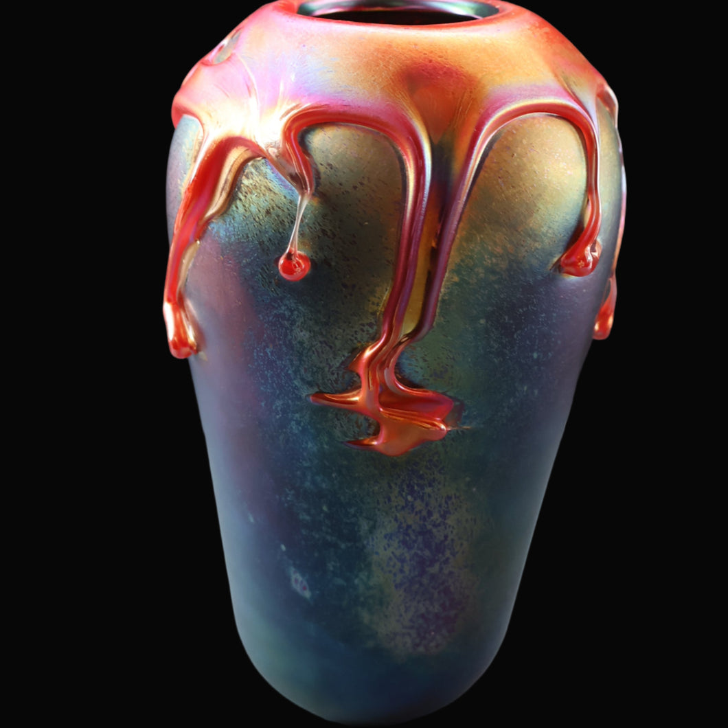 JOHN DITCHFIELD GLASFORM Large Black Lustre Vase with Dripping Red Lava Glass Decorations