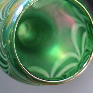 JOHN DITCHFIELD GLASFORM Tall Green Goblet Shaped Vase with Lustres and Feathered Swirls