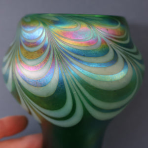 JOHN DITCHFIELD GLASFORM Tall Green Goblet Shaped Vase with Lustres and Feathered Swirls