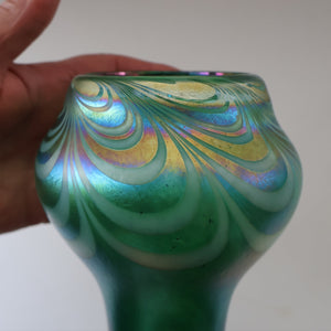 JOHN DITCHFIELD GLASFORM Tall Green Goblet Shaped Vase with Lustres and Feathered Swirls