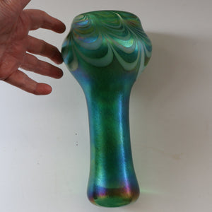 JOHN DITCHFIELD GLASFORM Tall Green Goblet Shaped Vase with Lustres and Feathered Swirls