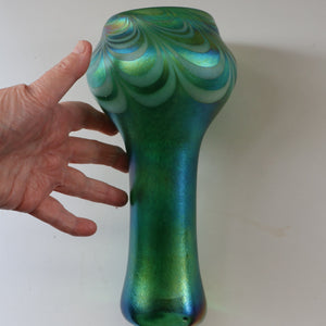 JOHN DITCHFIELD GLASFORM Tall Green Goblet Shaped Vase with Lustres and Feathered Swirls
