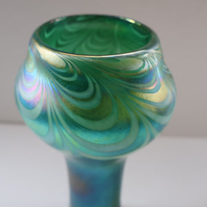 JOHN DITCHFIELD GLASFORM Tall Green Goblet Shaped Vase with Lustres and Feathered Swirls