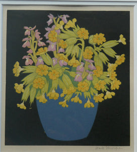 COWSLIPS. Original 1920s Colour Woodcut by John Hall Thorpe