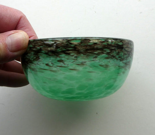 1920s Small Monart Green Glass Bowl with Black Rim & Gold Aventurines