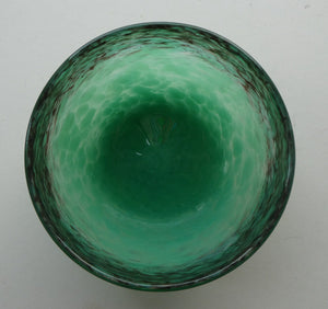 1920s Small Monart Green Glass Bowl with Black Rim & Gold Aventurines