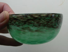 Load image into Gallery viewer, 1920s Small Monart Green Glass Bowl with Black Rim &amp; Gold Aventurines

