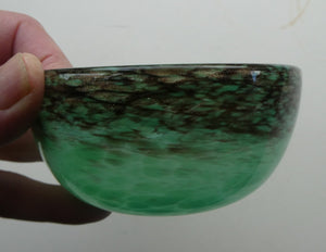 1920s Small Monart Green Glass Bowl with Black Rim & Gold Aventurines
