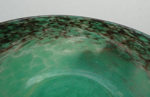 1920s Small Monart Green Glass Bowl with Black Rim & Gold Aventurines