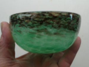 1920s Small Monart Green Glass Bowl with Black Rim & Gold Aventurines