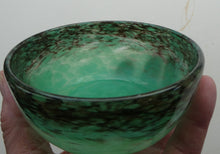Load image into Gallery viewer, 1920s Small Monart Green Glass Bowl with Black Rim &amp; Gold Aventurines
