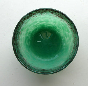 1920s Small Monart Green Glass Bowl with Black Rim & Gold Aventurines
