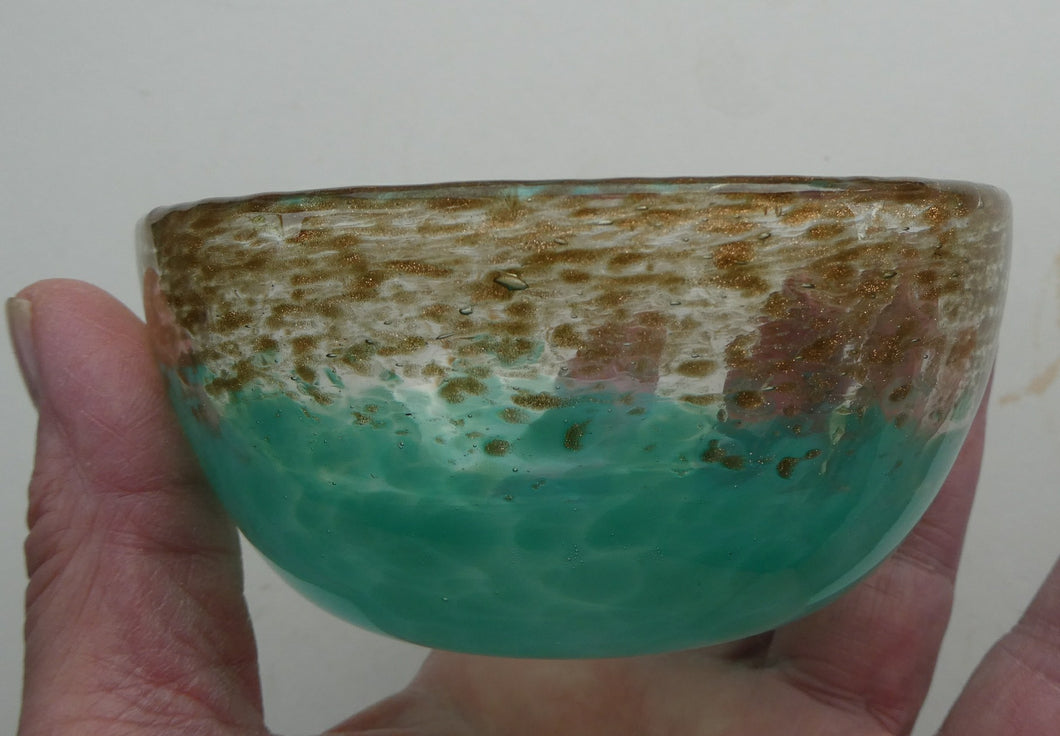 SCOTTISH GLASS. Fabulous 1920s Small Antique Scottish Monart Round Glass Bowl. Diameter 4 1/2 inches