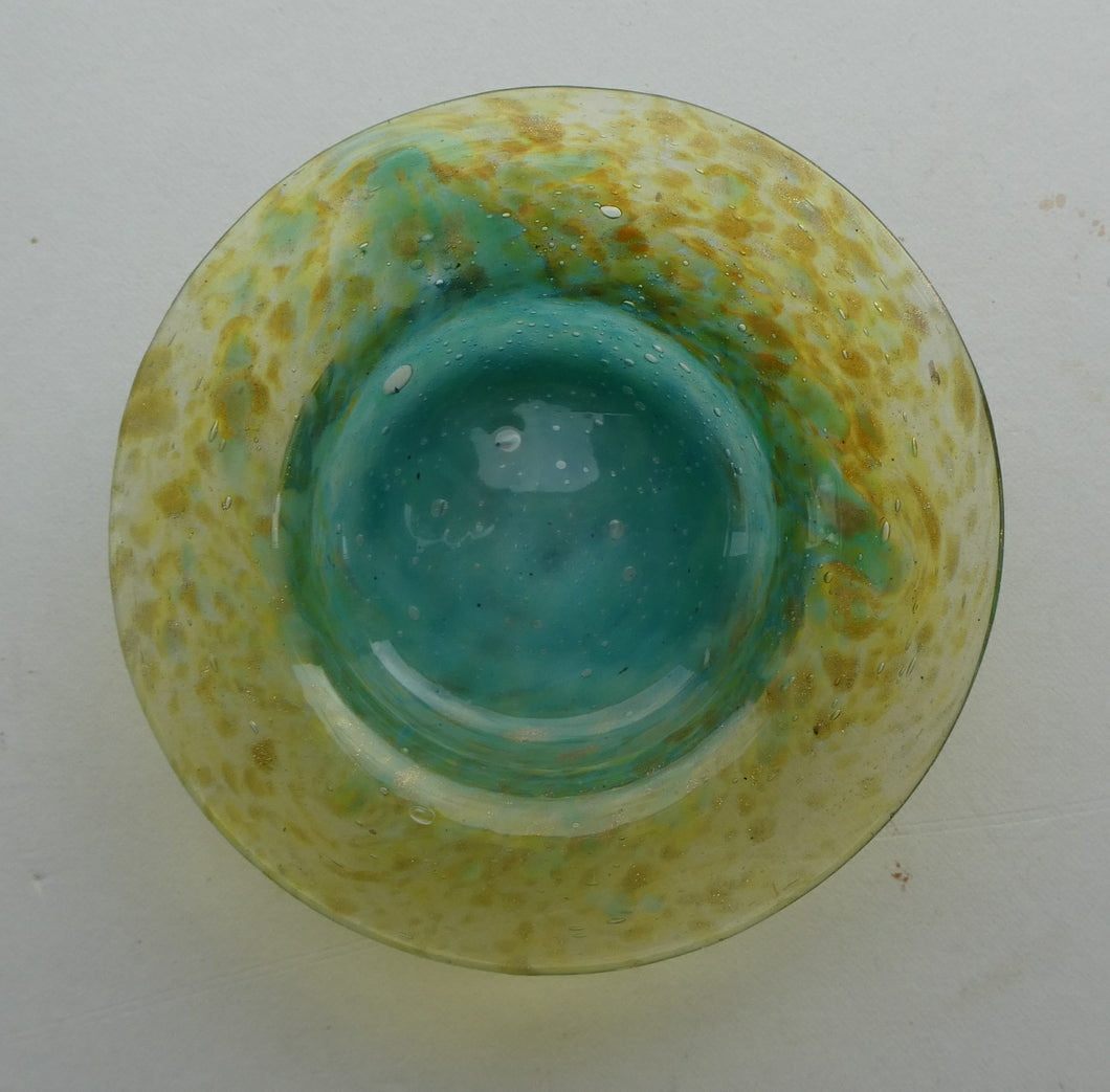 SCOTTISH GLASS. Fabulous 1920s Miniature Antique Scottish Monart Shallow Bowl with Rim. 3 3/4 inches