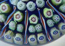 Load image into Gallery viewer, Vintage 1970s Scottish PERTHSHIRE Paperweight. Royal Blue Ground, 11 Spokes &amp; Millefiori Canes
