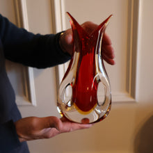 Load image into Gallery viewer, LARGE 1960s Murano SOMMERSO Red and Yellow Cased Glass Vase. Holes to Side. Height 9 3/4 inch

