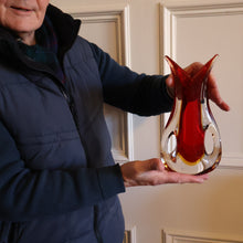 Load image into Gallery viewer, LARGE 1960s Murano SOMMERSO Red and Yellow Cased Glass Vase. Holes to Side. Height 9 3/4 inch
