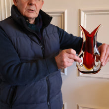 Load image into Gallery viewer, LARGE 1960s Murano SOMMERSO Red and Yellow Cased Glass Vase. Holes to Side. Height 9 3/4 inch
