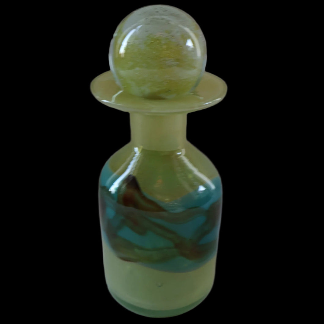 Vintage MDINA Maltese Glass Sand & Sea Slim Bottle Vase with Large Ball Glass Stopper. Signed 