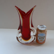 Load image into Gallery viewer, LARGE 1960s Murano SOMMERSO Red and Yellow Cased Glass Vase. Holes to Side. Height 9 3/4 inch
