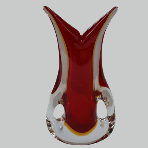 LARGE 1960s Murano SOMMERSO Red and Yellow Cased Glass Vase. Holes to Side. Height 9 3/4 inch