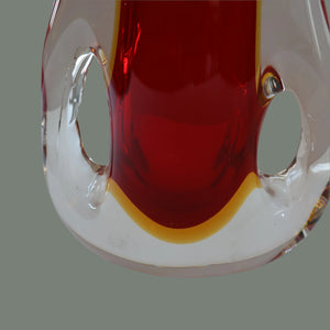 LARGE 1960s Murano SOMMERSO Red and Yellow Cased Glass Vase. Holes to Side. Height 9 3/4 inch