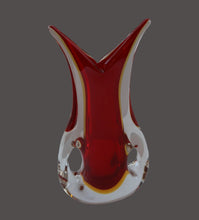Load image into Gallery viewer, LARGE 1960s Murano SOMMERSO Red and Yellow Cased Glass Vase. Holes to Side. Height 9 3/4 inch
