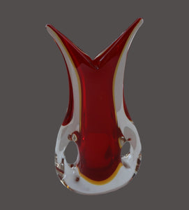 LARGE 1960s Murano SOMMERSO Red and Yellow Cased Glass Vase. Holes to Side. Height 9 3/4 inch