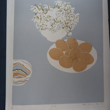 Load image into Gallery viewer, SCOTTISH ART: Rare Screenprint by Bel Cowie Entitled "Eggs" (Blue). Signed and dated February '75. FRAMED
