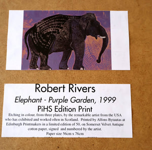 AMERICAN ART. Robert Rivers: Large 1999 Limited Edition Etching Printed in Colour Using Three Plates.  Entitled "Elephant in Purple Garden". FRAMED