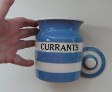 Load image into Gallery viewer, Vintage TG Green CORNISHWARE Lidded Storage Jar for CURRANTS: 5 Inches in Height. Black Shield Mark
