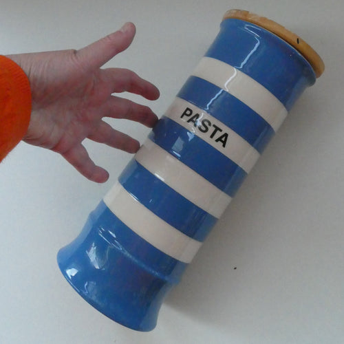 Tall Rare Vintage 1980s TG Green CORNISHWARE Lidded Pasta Jar. CLOVERLEAF MARK. 12 inches