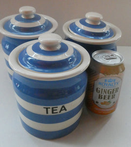 Vintage 1980s TG Green CORNISHWARE Three Stoage Jars: Tea, Coffee and Sugar. CLOVERLEAF MARK