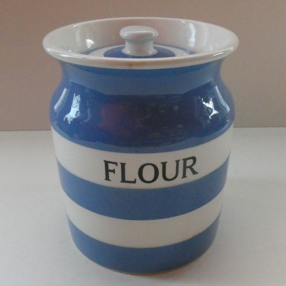 LARGE 1930s TG Green CORNISHWARE Lidded Storage Jar for FLOUR: 7 Inches in Height. Black Shield Mark